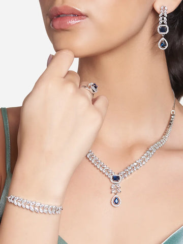 Silver-Toned Necklace with Navy Stone, Teardrop Dangler, and Leaf-Style American Diamonds
