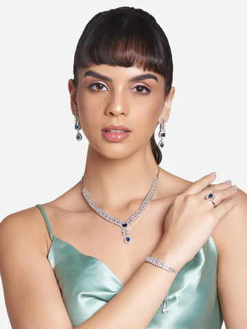 Silver-Toned Necklace with Navy Stone, Teardrop Dangler, and Leaf-Style American Diamonds