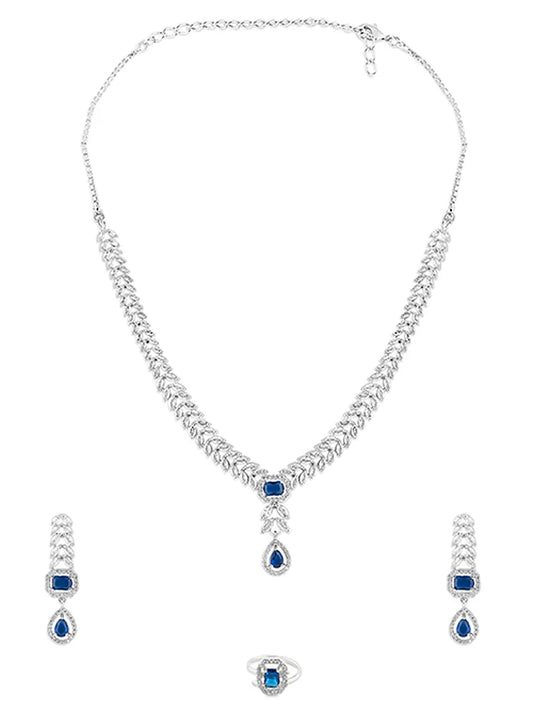 Silver-Toned Necklace with Navy Stone, Teardrop Dangler, and Leaf-Style American Diamonds