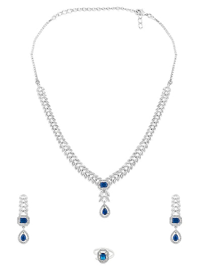 Silver-Toned Necklace with Navy Stone, Teardrop Dangler, and Leaf-Style American Diamonds