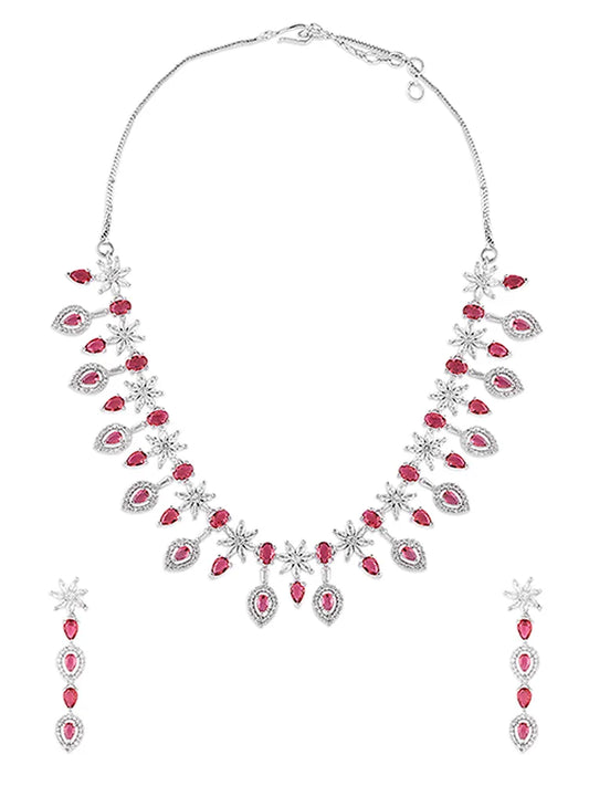 92.5 Micro Silver-Plated Red Cubic Zirconia Necklace with Earrings for Wedding Parties