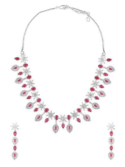 92.5 Micro Silver-Plated Red Cubic Zirconia Necklace with Earrings for Wedding Parties