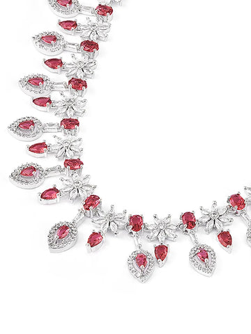 92.5 Micro Silver-Plated Red Cubic Zirconia Necklace with Earrings for Wedding Parties