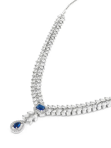 Silver-Toned Necklace with Navy Stone, Teardrop Dangler, and Leaf-Style American Diamonds