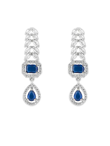 Silver-Toned Necklace with Navy Stone, Teardrop Dangler, and Leaf-Style American Diamonds