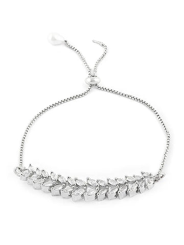 Silver-Toned Necklace with Navy Stone, Teardrop Dangler, and Leaf-Style American Diamonds