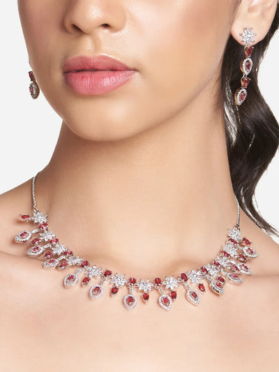 92.5 Micro Silver-Plated Red Cubic Zirconia Necklace with Earrings for Wedding Parties