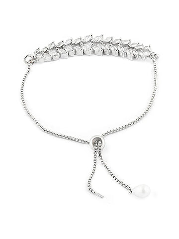 Silver-Toned Necklace with Navy Stone, Teardrop Dangler, and Leaf-Style American Diamonds