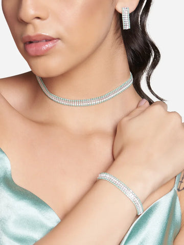 Mint Green and White Stone Choker Set with Matching Bracelet and Earrings - Soft Modern Glam