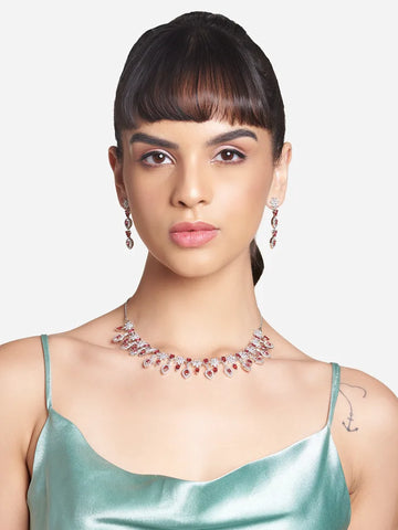 92.5 Micro Silver-Plated Red Cubic Zirconia Necklace with Earrings for Wedding Parties