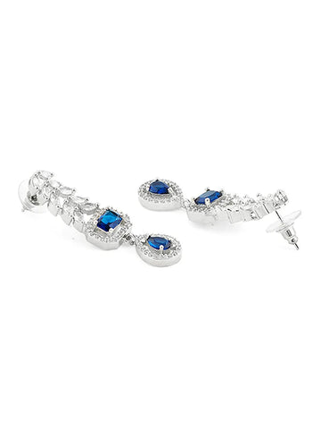 Silver-Toned Necklace with Navy Stone, Teardrop Dangler, and Leaf-Style American Diamonds